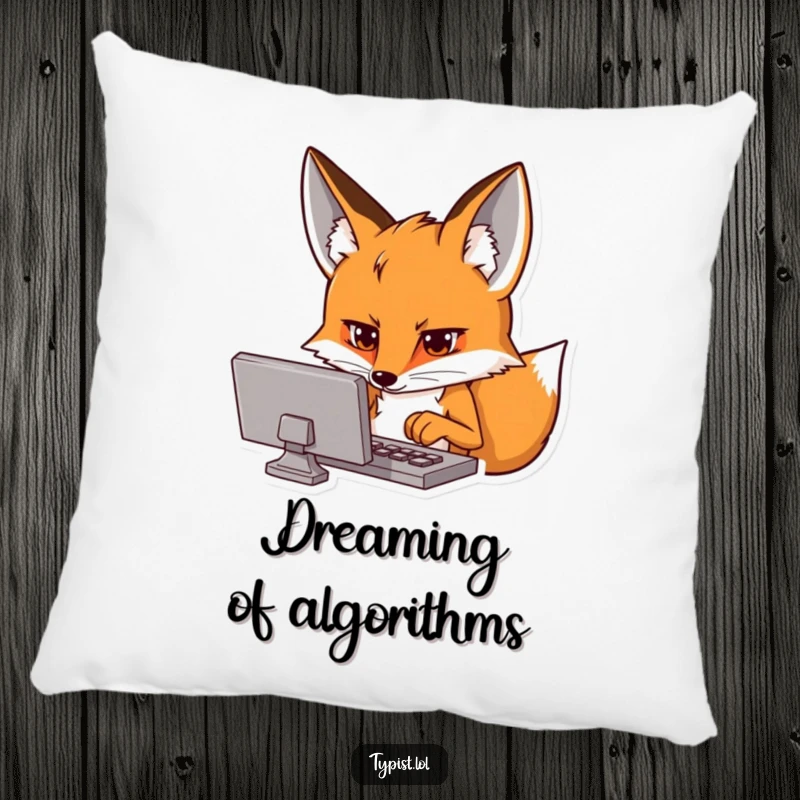 Funny pillow featuring a curious fox intensely focused on a screen with typing hands, perfect for comfort.