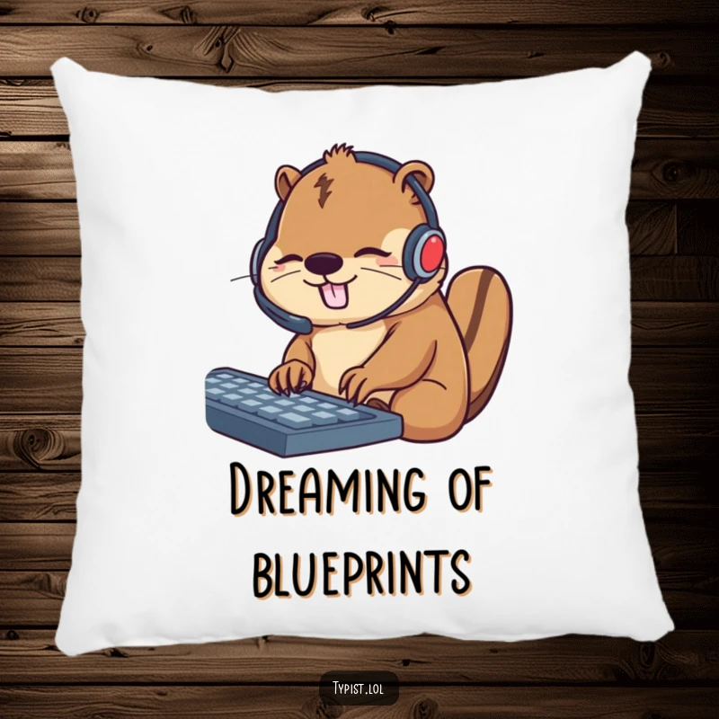 Funny plush pillow of a busy beaver wearing a headset and typing, perfect for adding a cute and cozy work-themed element.
