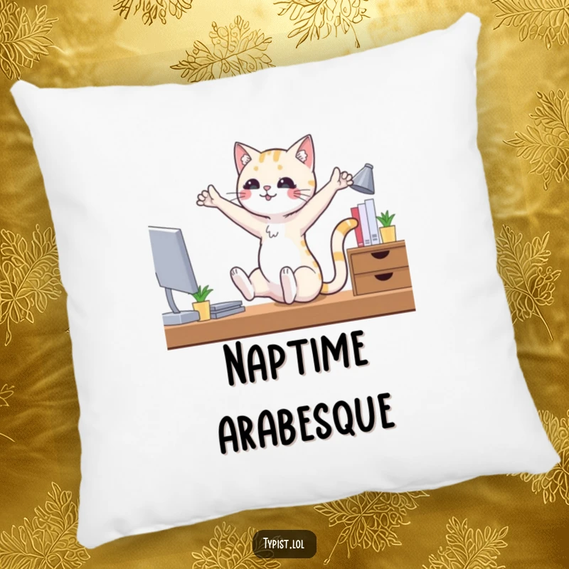 Funny ballet cat pillow featuring a cat in ballet poses at a desk, offering plush comfort and hilarious visual appeal.