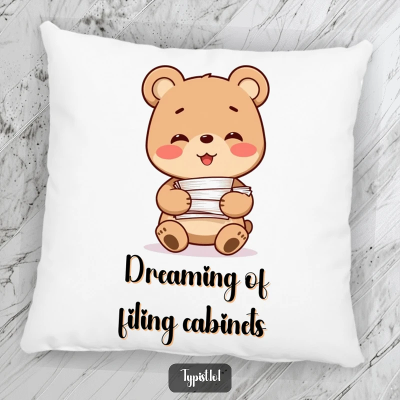 Funny Bear Pillow: A smiling bear character clutches a stack of papers, providing plush comfort and humorous relief from daily tasks.