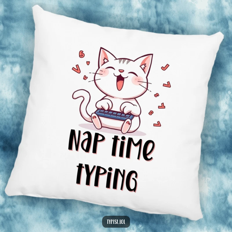 Funny pillow featuring a delighted cat typing furiously, letters flying, perfect for adding cozy feline humor to any room.