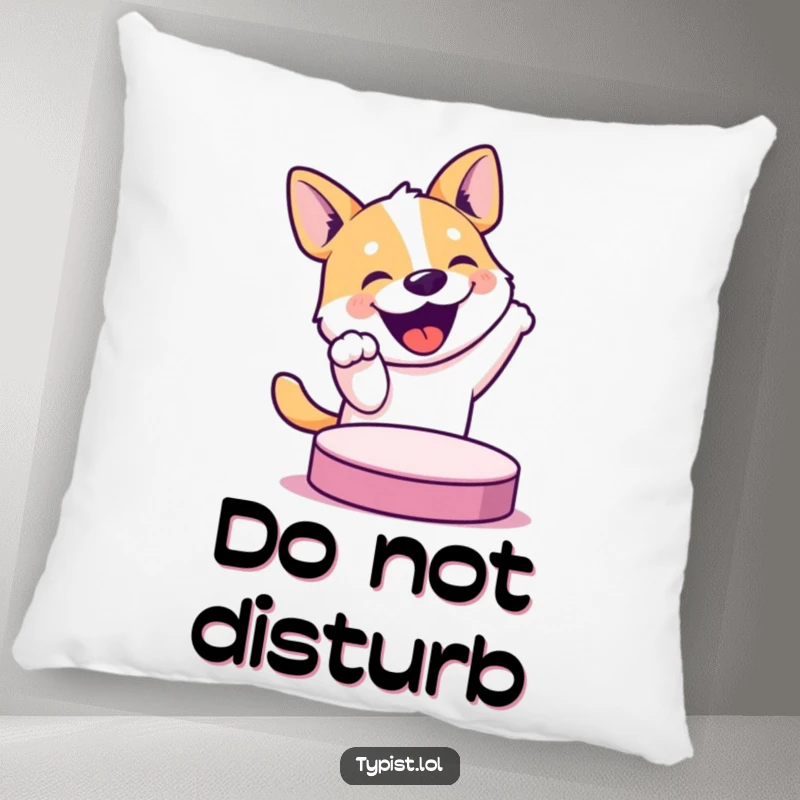 Funny pillow design of a happy, bouncing dog enthusiastically reaching for a large button, radiating playful energy and fun.