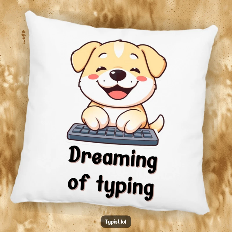 Funny dog pillow with a content dog smiling while typing on a keyboard, perfect for adding humor to any room.