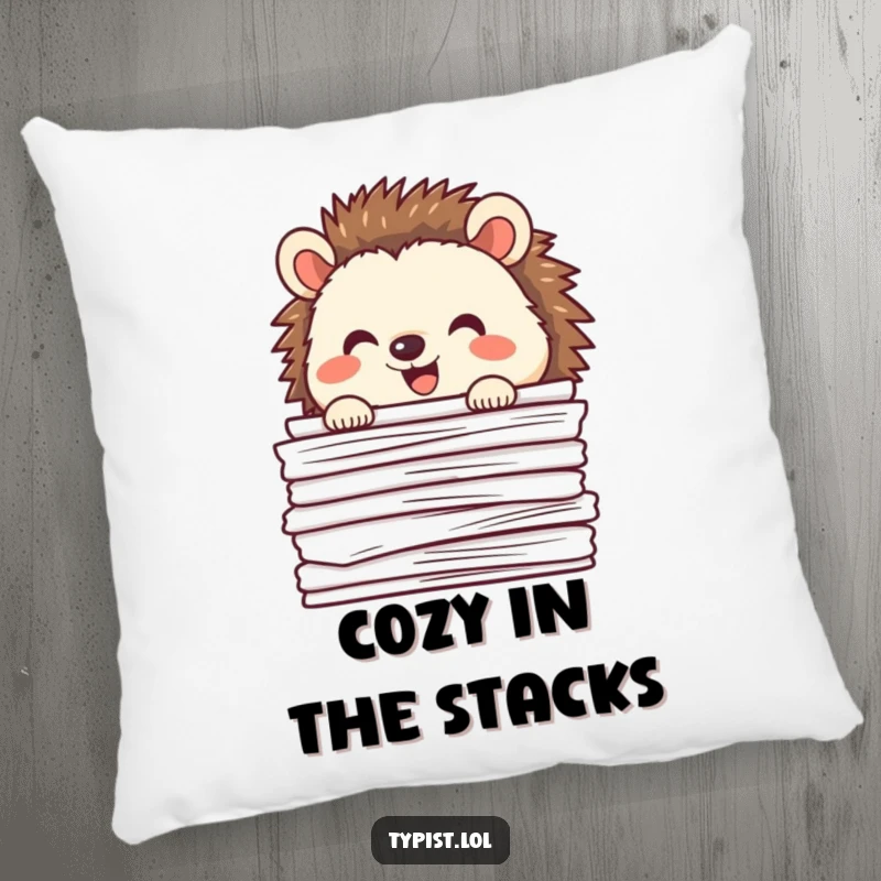 Funny happy hedgehog peeking from behind a stack of papers, accent pillow, cute and humorous home decor.
