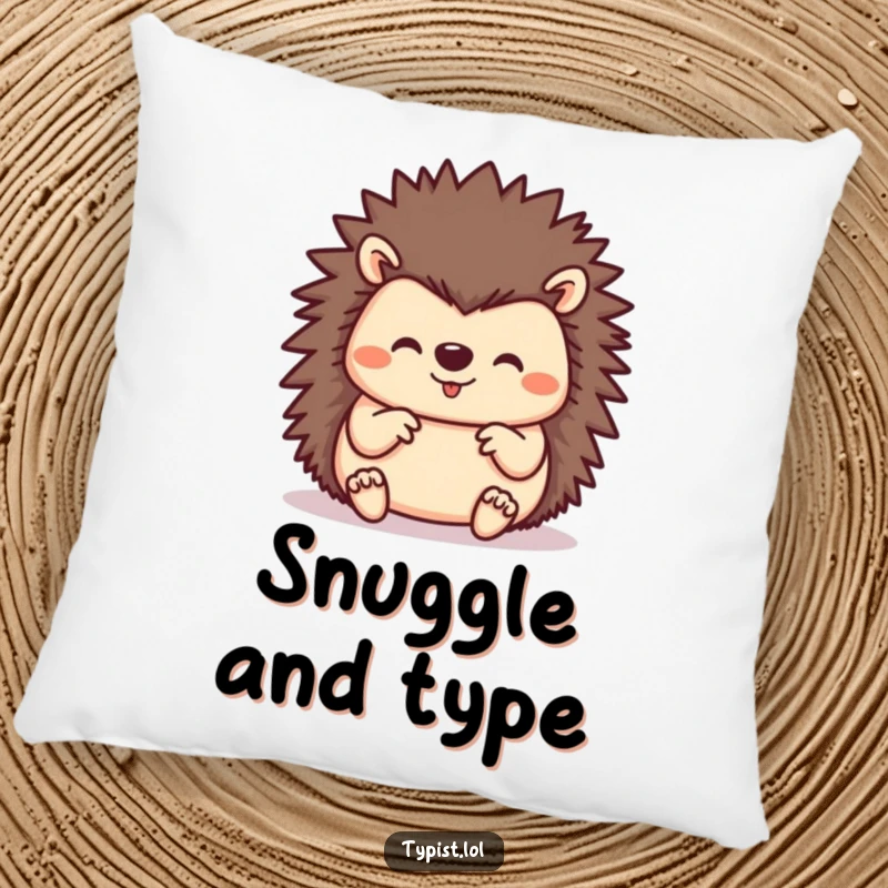 Funny hedgehog using all its paws to type, a soft and humorous accent pillow for cozy spaces and busy individuals.