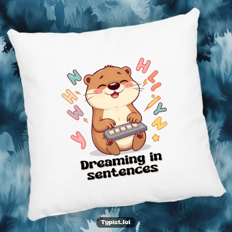 Funny otter pillow featuring a happy otter typing at high speed with swirling letters, perfect for adding humor to a couch.