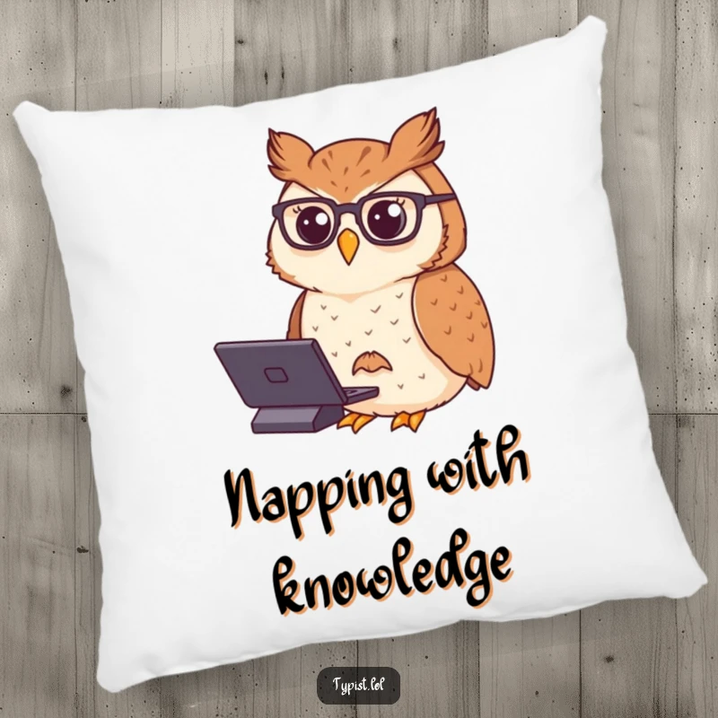 Funny pillow featuring a proud owl in spectacles, typing with dignified concentration, symbolizing wisdom and scholarly pursuits.