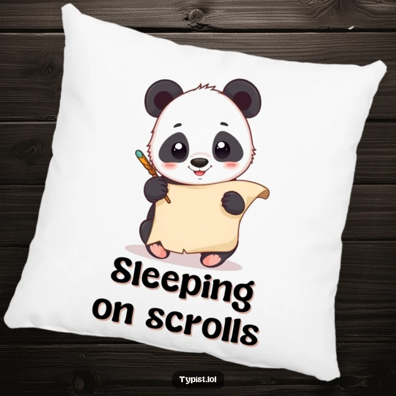 Funny Panda Quill Pillow: A giggling panda scribbles with a quill on a scroll. Soft, cute, and humorous.