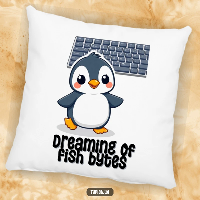 Funny penguin pillow featuring a cheerful penguin waddling enthusiastically towards a computer keyboard, ready for typing.