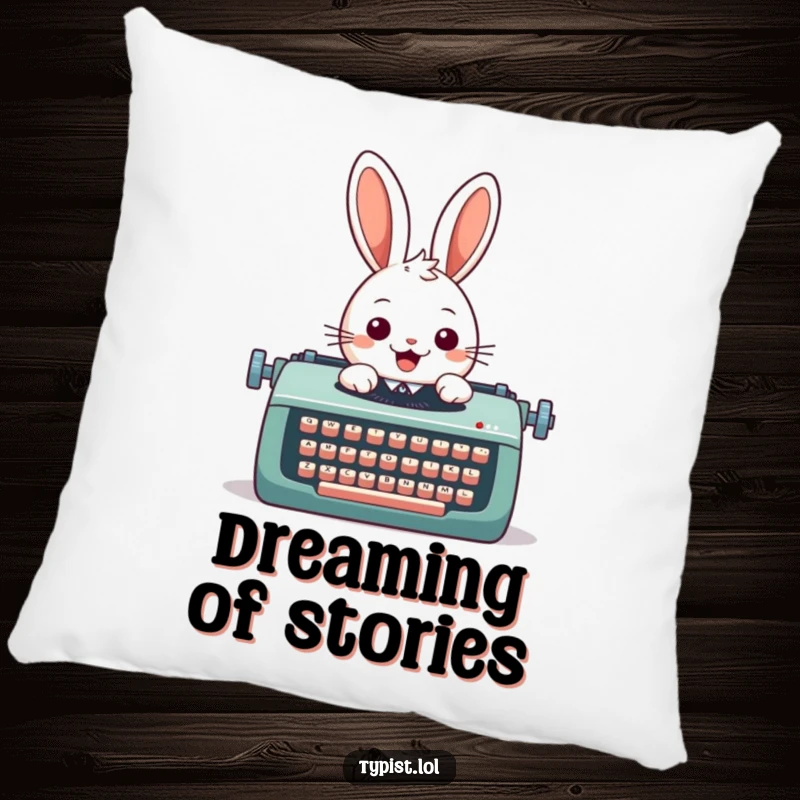 Funny pillow featuring a cheerful rabbit typing diligently on a large typewriter, perfect for adding cozy humor to reading nooks.