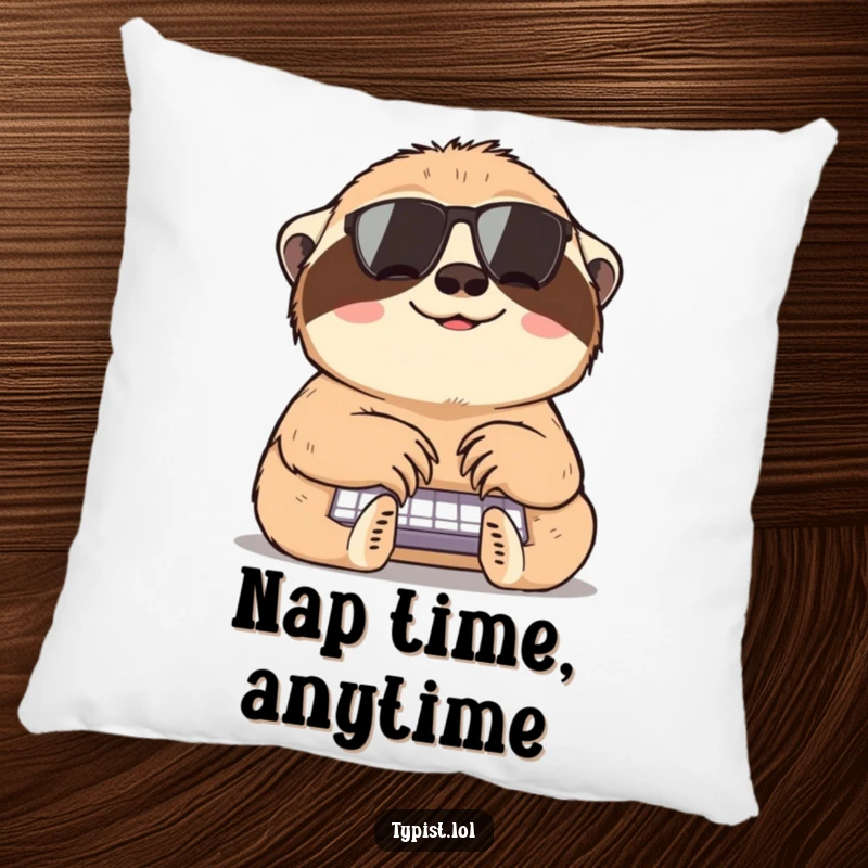 Funny sloth pillow featuring a happy sloth typing very slowly, offering comfortable humor and a charming decorative touch.