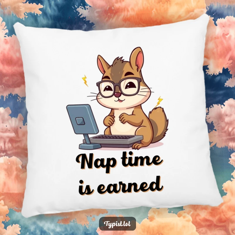 Funny squirrel with glasses typing rapidly, designed on a soft, decorative pillow.