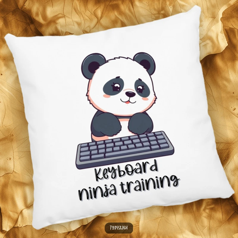 Funny panda with paws on a keyboard, eyes wide with curiosity, printed on a soft pillow, great funny gift.