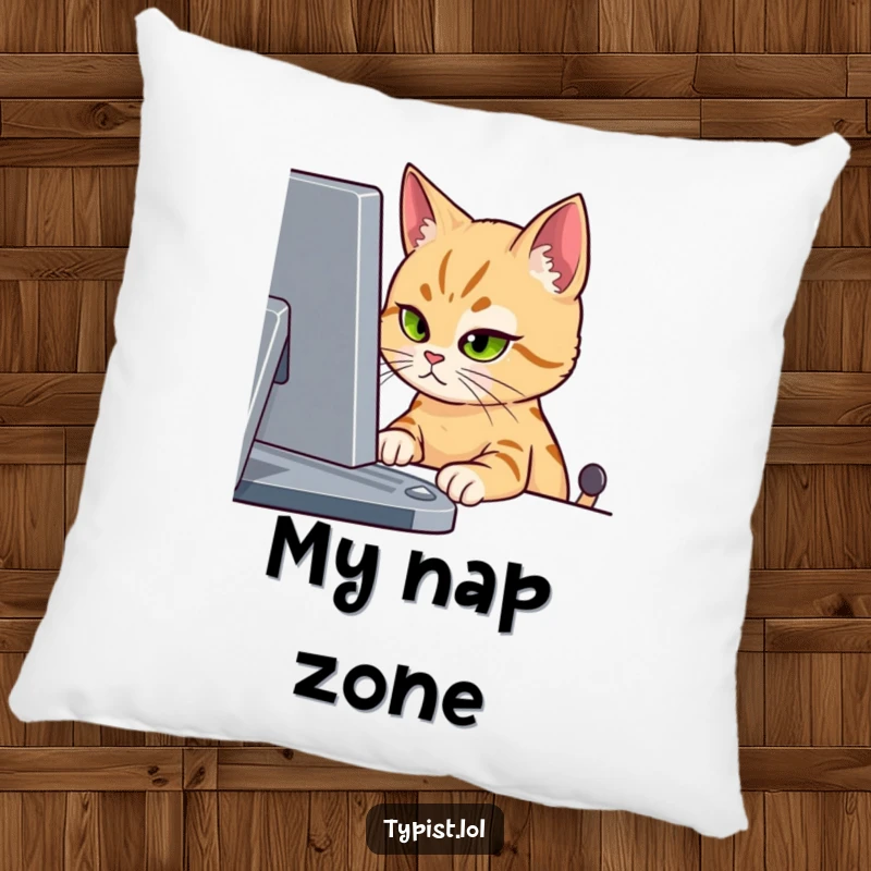 Funny pillow featuring a cat intensely focused on a computer screen with one eye, adding humor to home furnishings.