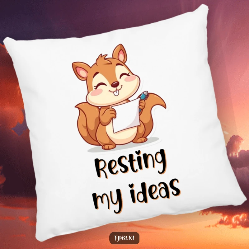 Funny pillow featuring a happy squirrel character winking while holding a pen and paper, perfect for comfort and humor.
