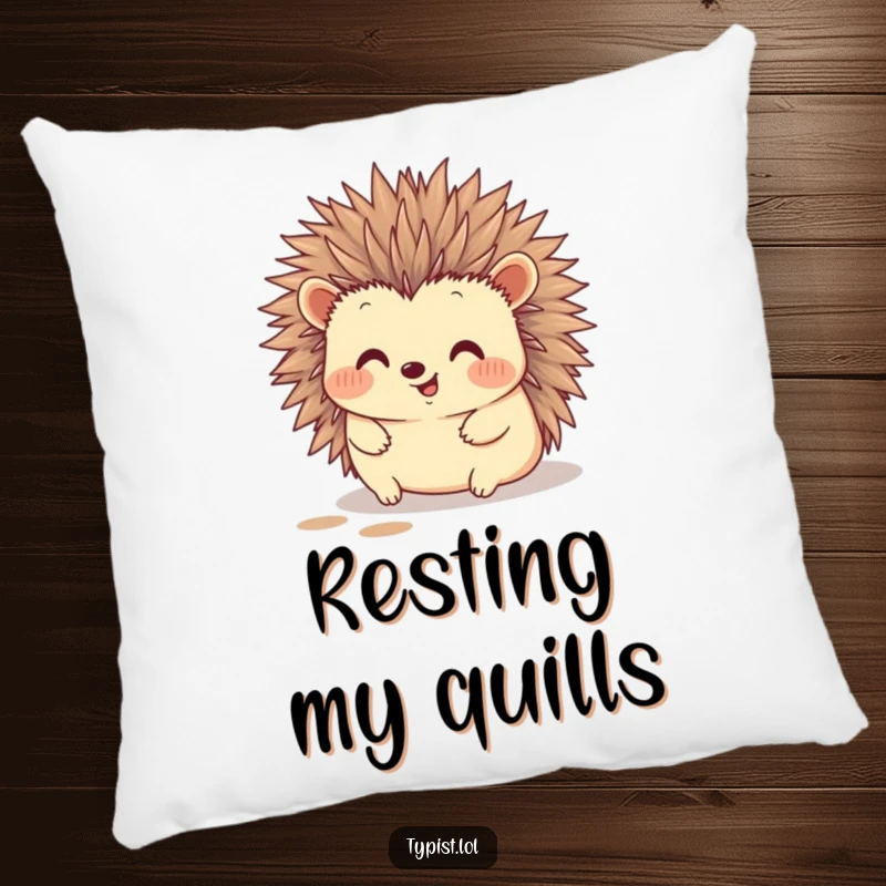 Funny hedgehog pillow with a happy hedgehog typing with its quills, leaving ink marks, perfect for cozy decor.