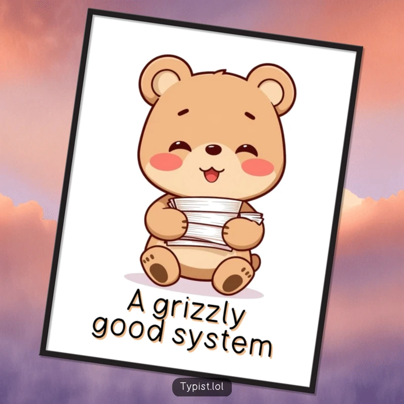 Funny Bear Digital Art Print: A smiling bear character holds a stack of papers, offering instant, cheerful, and relatable office humor.