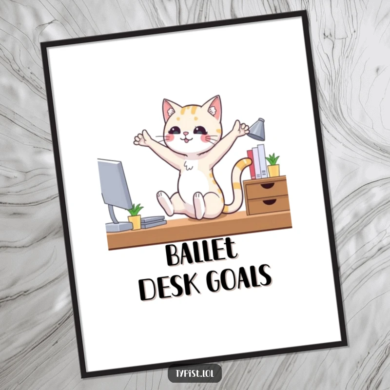Funny ballet cat digital art print of a cat in ballet poses at a desk, perfect for instant humorous wall decor.