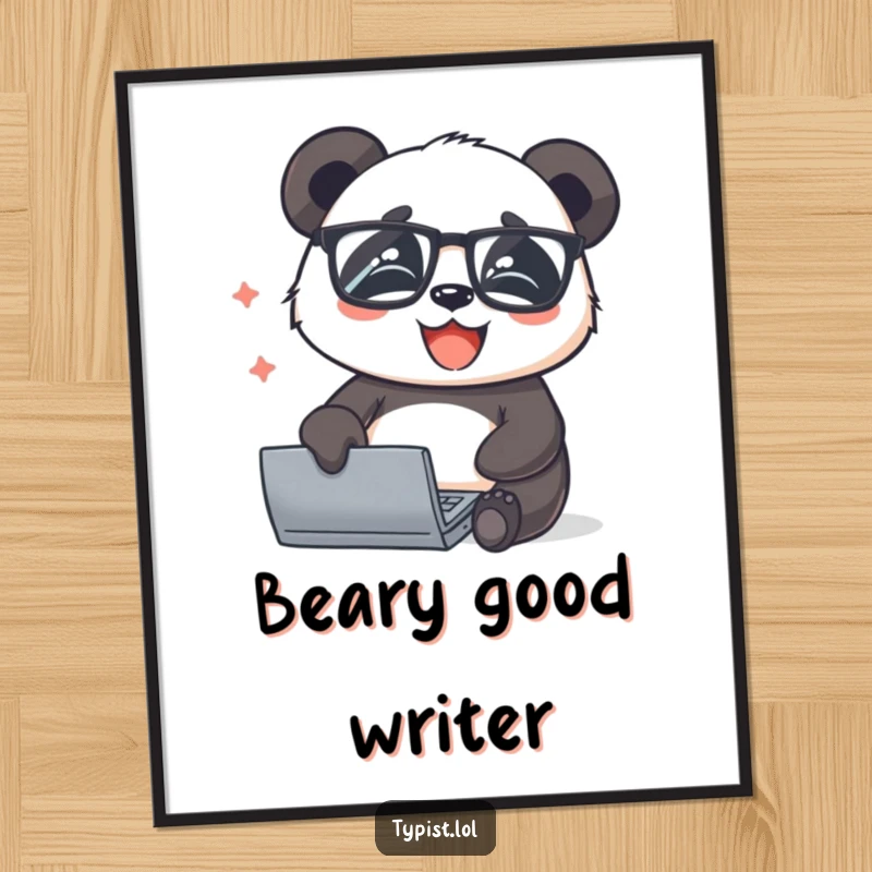 Funny panda wearing glasses, typing rapidly with pure joy, a smart digital art piece radiating intelligence and humor.