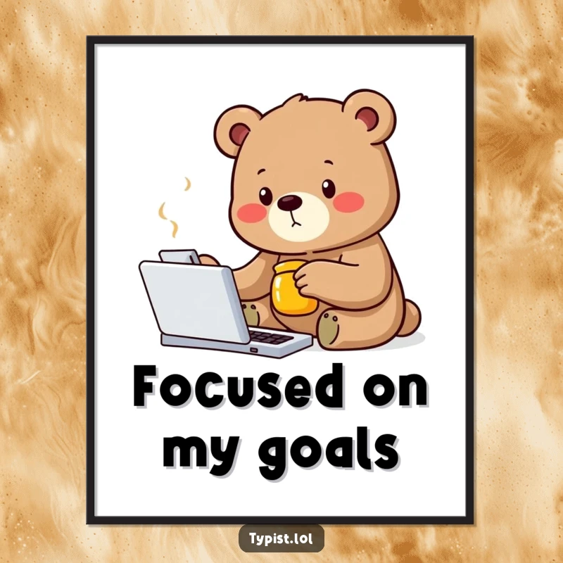 Funny bear digital art print of a determined bear typing with one paw, honey jar nearby, symbolizing focus and reward.