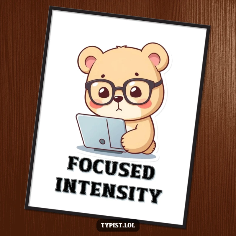 Funny digital art print of a small bear wearing reading glasses, intently focusing on a screen, offering downloadable intellectual humor.