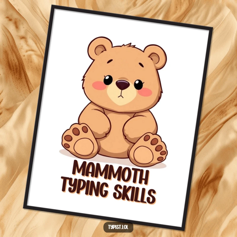 Funny Bear Typing Digital Art: A determined bear types with massive cartoon paws, a motivational and humorous art piece, funny gift.