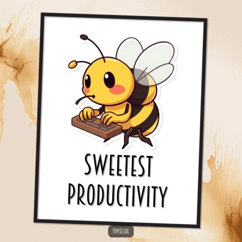 Funny bee digital art print of a busy bee typing rapidly on a keyboard, using its tiny stinger.