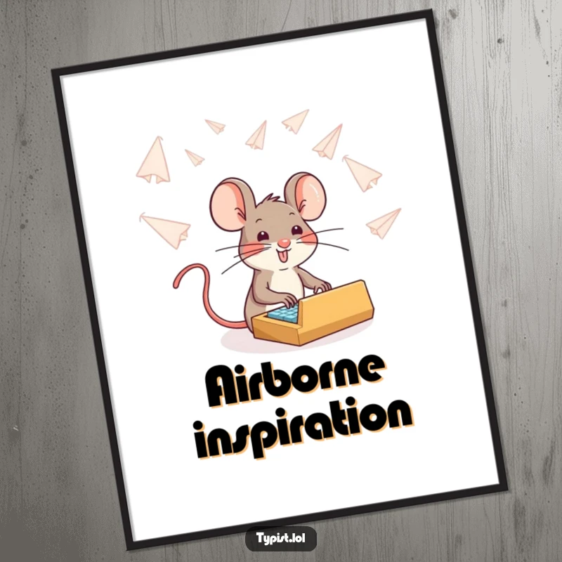 Funny brave mouse typing amidst falling paper airplanes, digital art print, humorous wall decor, instant download.