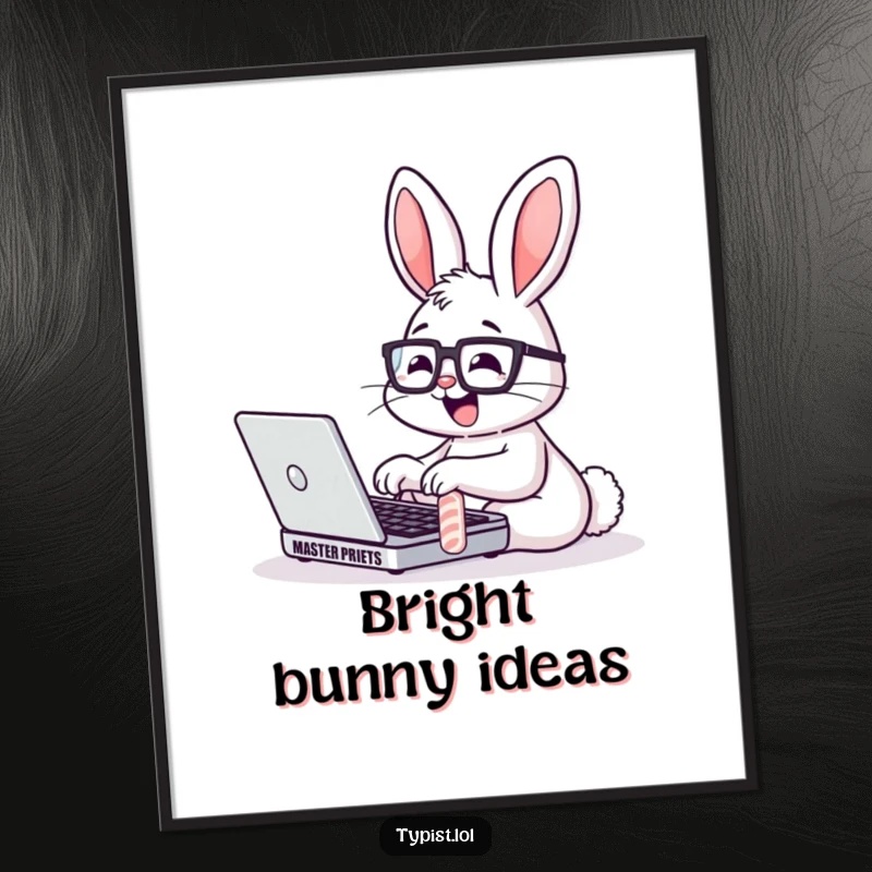 Funny Bunny Glasses Laptop Digital Art: A studious bunny types fast on a laptop. Instant printable humor.