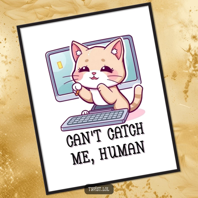 Funny cat digital art print of a playful cat batting at a computer cursor, embodying feline mischief and humor.