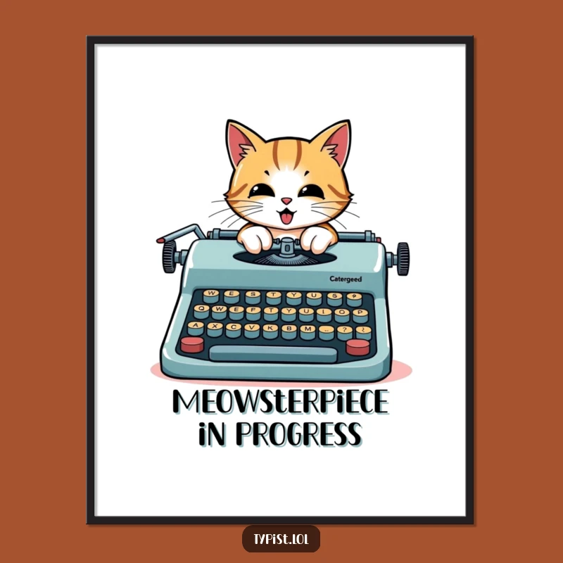 Funny Cat Digital Art: Typewriter creation, download for a literary funny gift.
