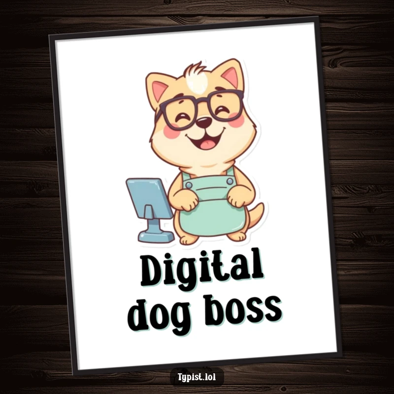 Funny digital art print of a dog in glasses and an apron typing computer commands, capturing smart and humorous tech.