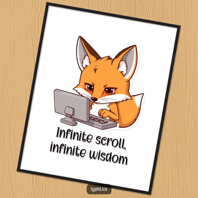 Funny digital art print of a curious fox intensely focused on a screen with typing hands, perfect for decor.