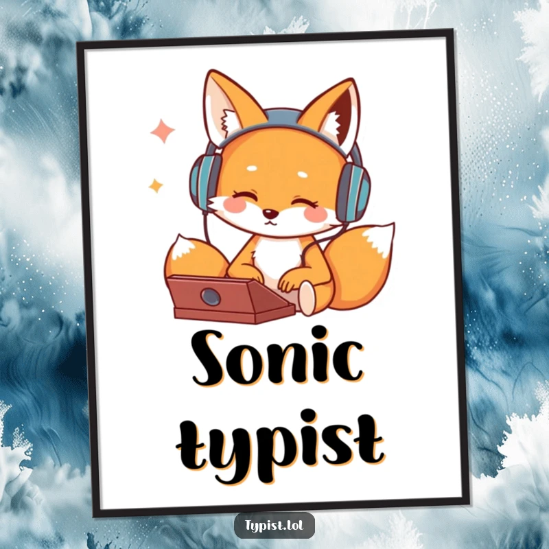Funny digital art print of a cute fox character wearing headphones, bopping its head while typing, perfect for instant download.
