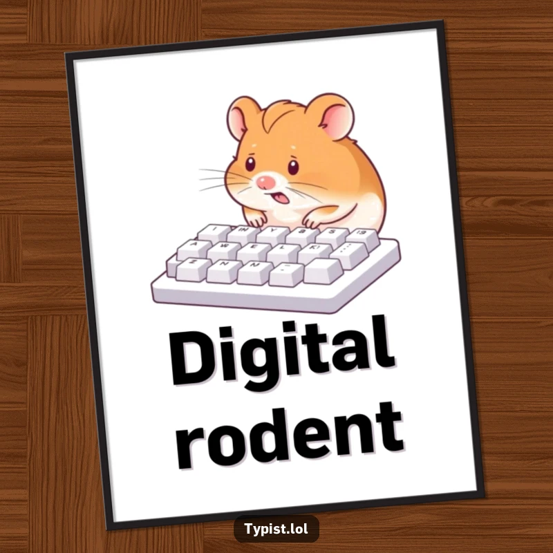 Funny digital art print of a hyperactive hamster nose-pecking a computer keyboard, capturing playful office chaos.