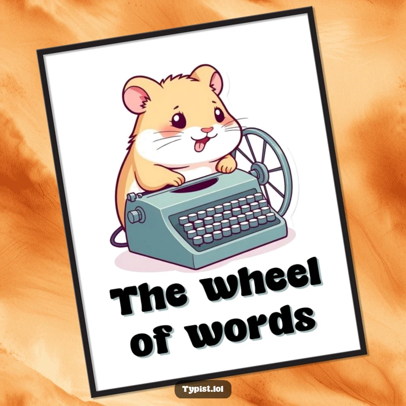 Funny Hamster Digital Art Print: A determined hamster spins its wheel connected to a typewriter, offering motivational and humorous inspiration.