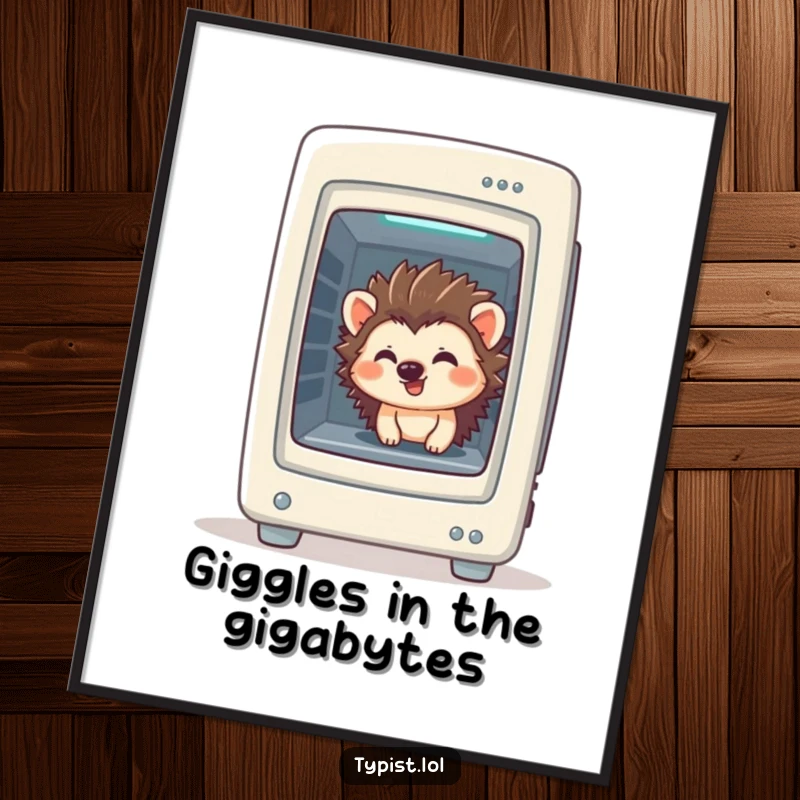 Funny Hedgehog Tech Digital Art: A giggling hedgehog peeks from a computer tower, a whimsical and humorous art piece, funny gift.