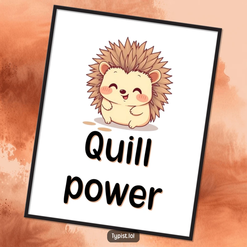 Funny hedgehog digital art print showing a happy hedgehog typing with its quills, leaving ink marks, artistic and humorous.