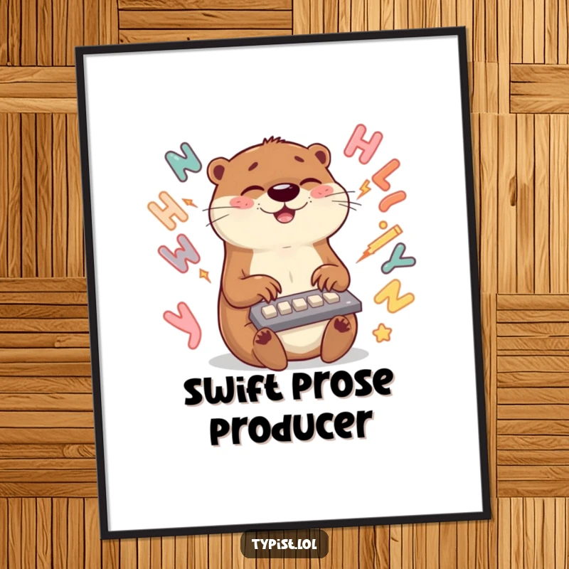 Funny otter digital art print of a fast-typing otter surrounded by dynamic swirling letters, embodying speed and joy.