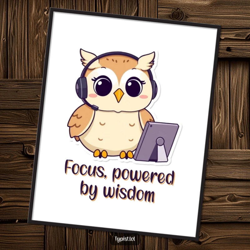 Funny Owl Typing Digital Art: A happy owl with a headset types with focus, a wise and humorous art piece, funny gift.