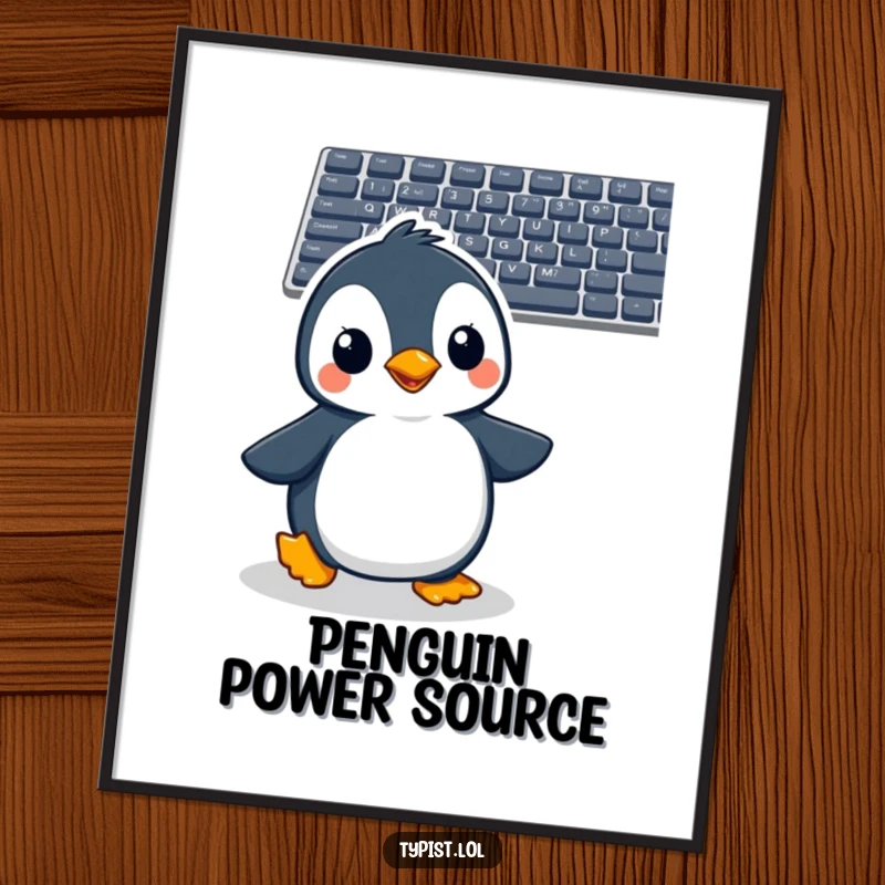 Funny penguin digital art print of a cheerful penguin waddling with excitement towards a computer keyboard, ready to type.