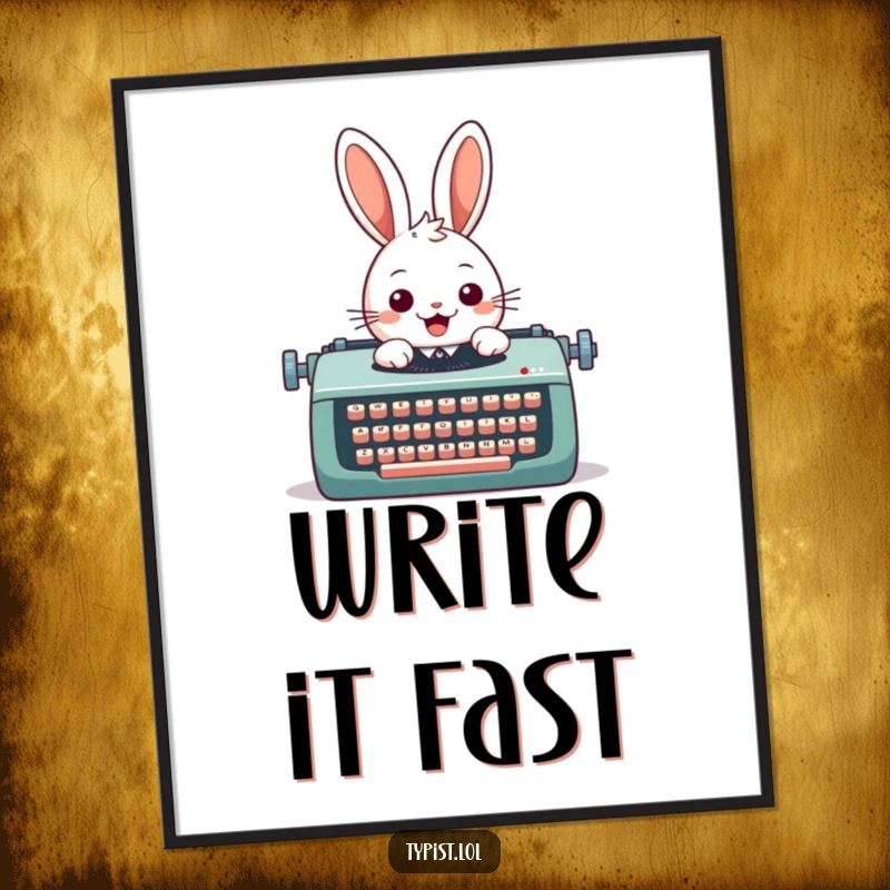 Funny digital art print of a cheerful rabbit typing enthusiastically on an oversized typewriter, offering downloadable literary humor.