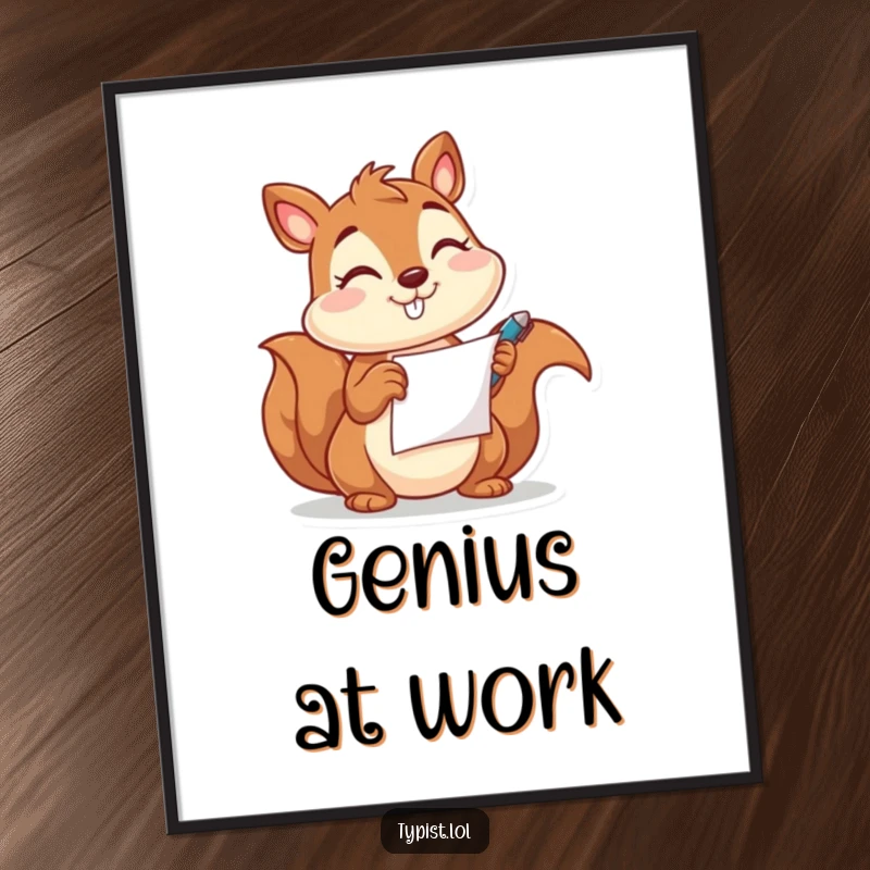 Funny digital art print of a happy squirrel character winking while holding a pen and paper, perfect for instant download.