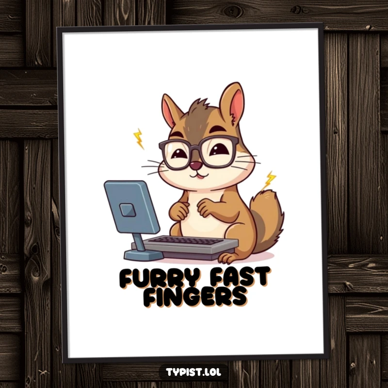 Funny squirrel with spectacles typing furiously, rendered as digital art for instant download.