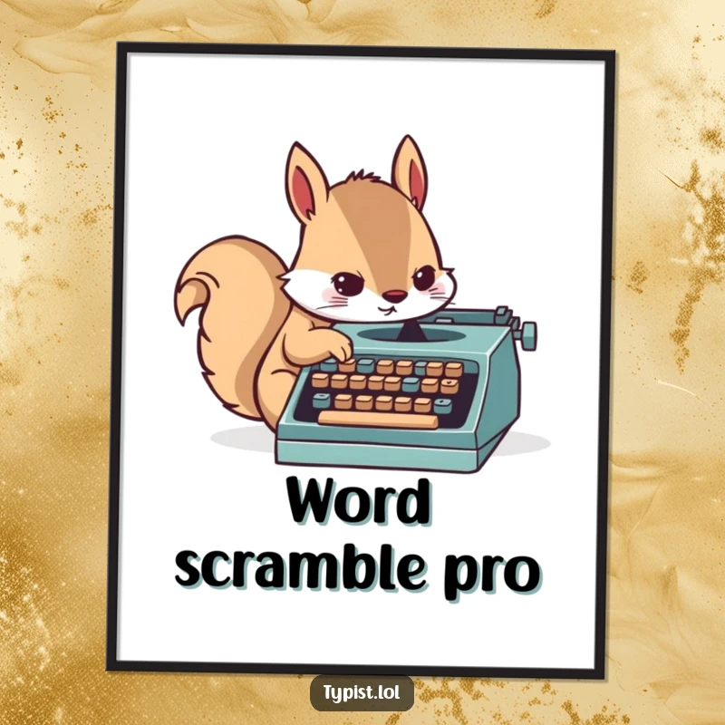 Funny digital art of a determined squirrel furiously typing on a tiny typewriter, conveying intense creative focus.