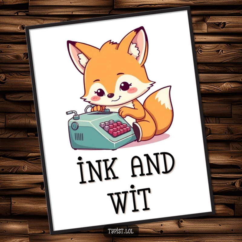 Funny fox with a determined grin, typing on a tiny typewriter, digital art print, humorous wall decor, instant download.