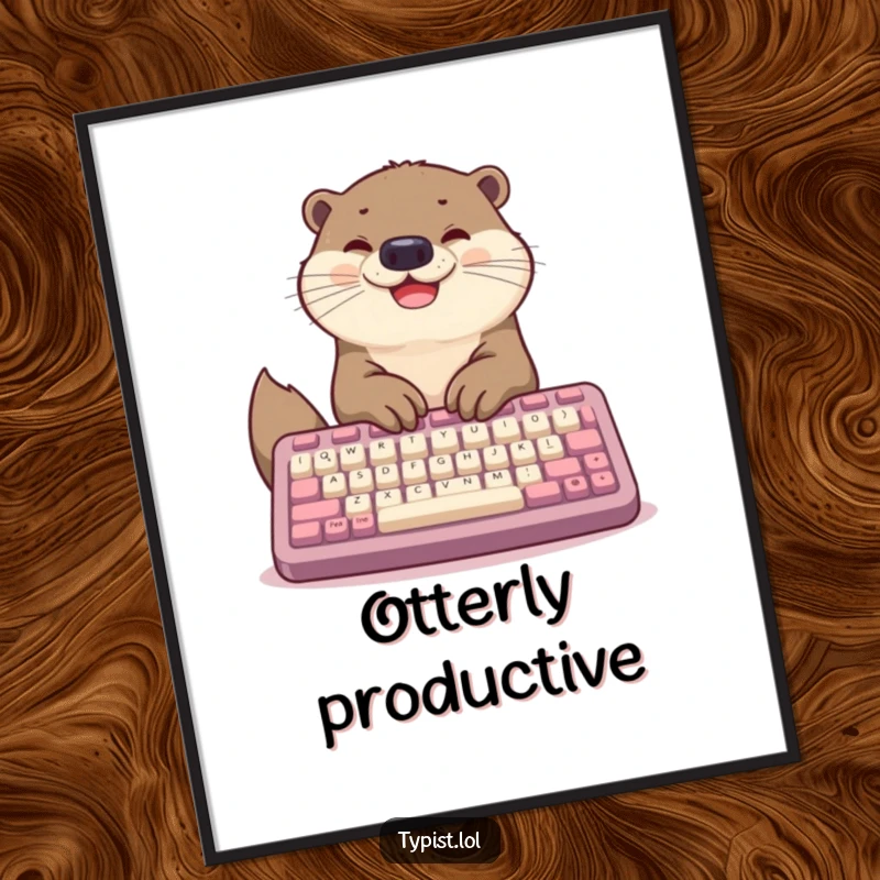Funny digital art print of a happy otter typing furiously on a massive keyboard with its paws, embodying focused energy and cheerful productivity.