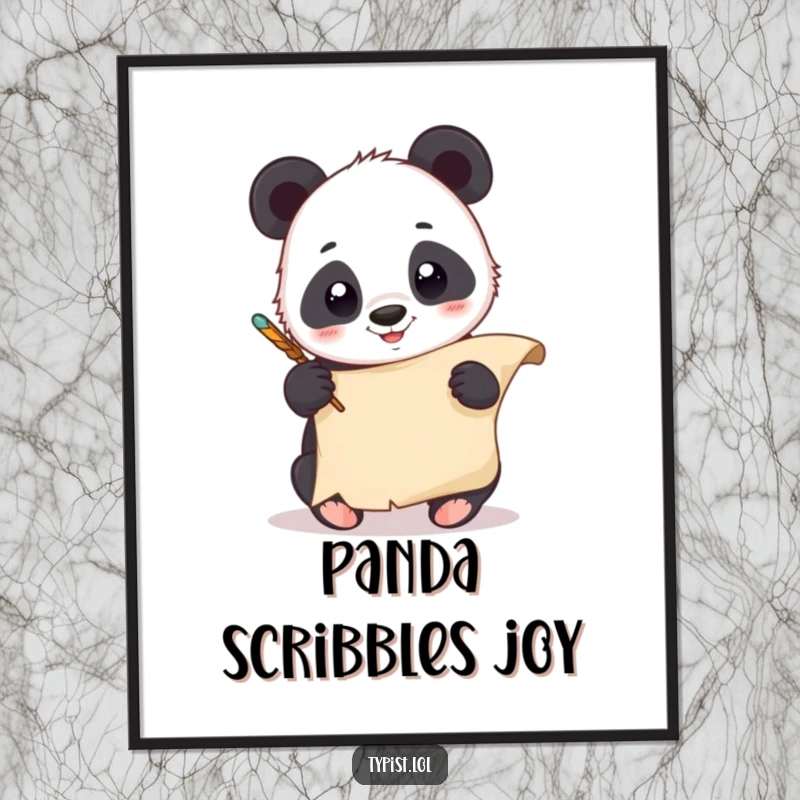 Funny Panda Quill Digital Art: A giggling panda scribbles on a scroll with a quill. Instant printable humor.