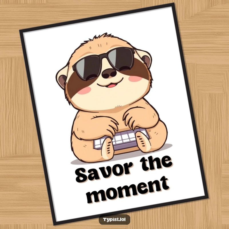 Funny sloth typing digital art print, a cheerful sloth working slowly, perfect for humorous home or office decor.