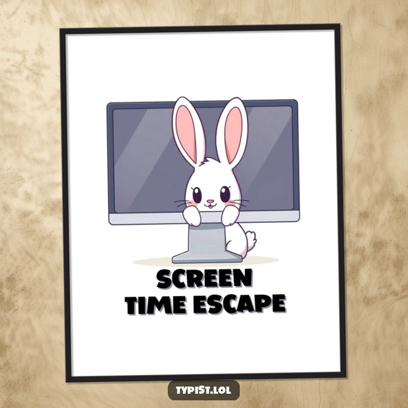 Funny rabbit digital art print of a curious bunny peeking from behind a massive computer monitor, with wide eyes.